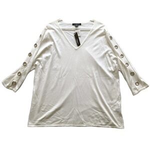 Vtg August Silk Sweater Women 3X Wht. VNeck Grommet Sleeve Lightweight Rayon NWT
